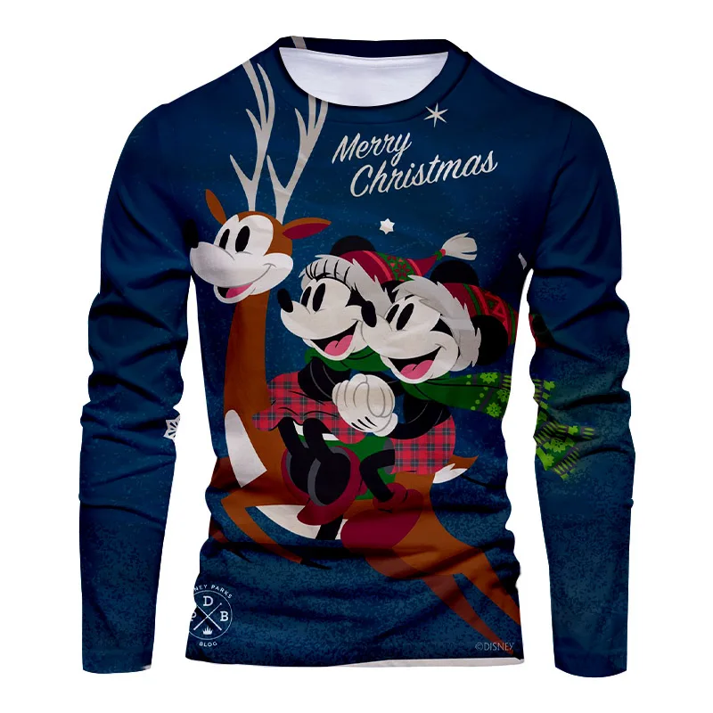 T-shirt unissexo de manga comprida do Mickey Cartoon, confortável, casual, novo, elegante, Natal, 2022