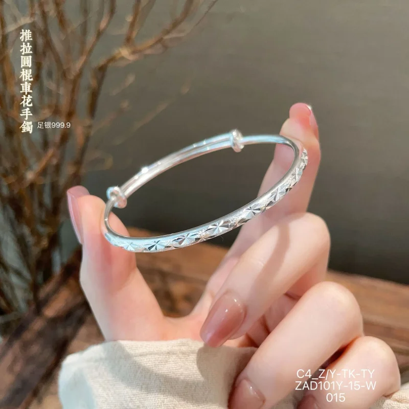 999.9 Carriage Flower Push-Pull Bracelet Women Shining Silver Bangle