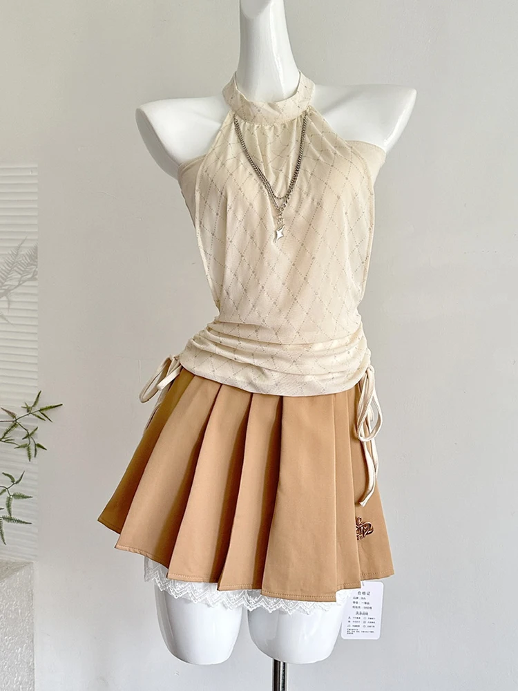 

Women Pure Cotton Two Piece Sets Lace Up Sleeveless Halter O Neck Tops Fashion Lace Patchwork Solid Hotsweet Mini Skirts New