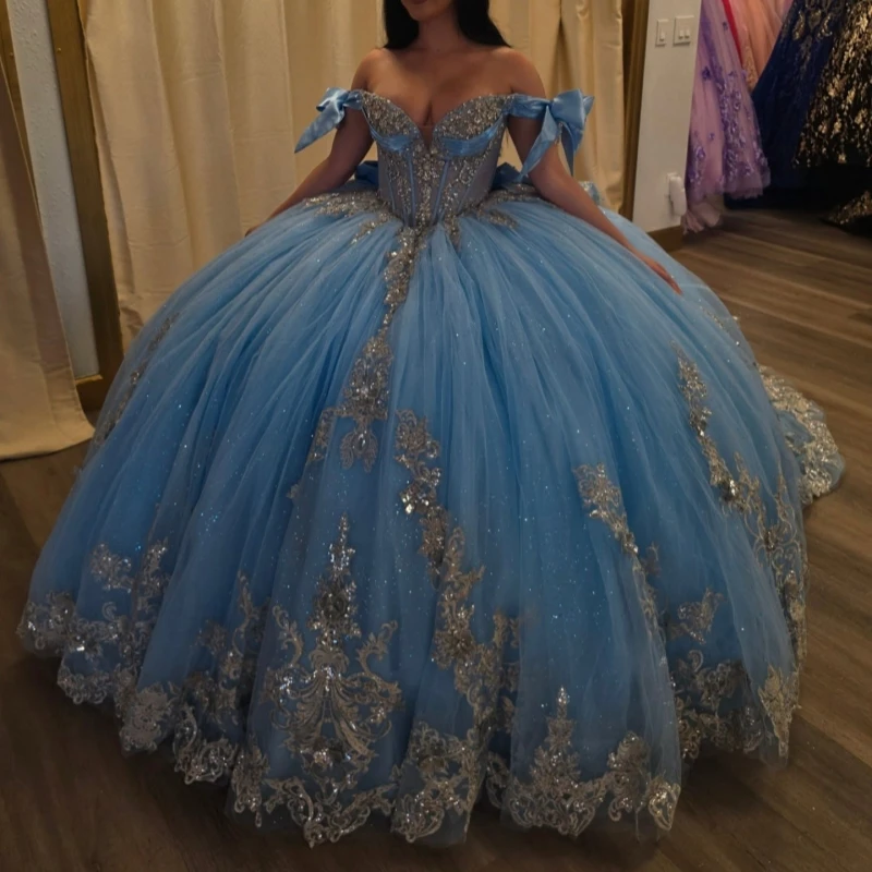 

Sky Blue Ball Gown Quinceanera Dresses Gold Applique Lace Beading Crystal Bow Tull Corset Off Shoulder Sweet 16 Dress vestidos