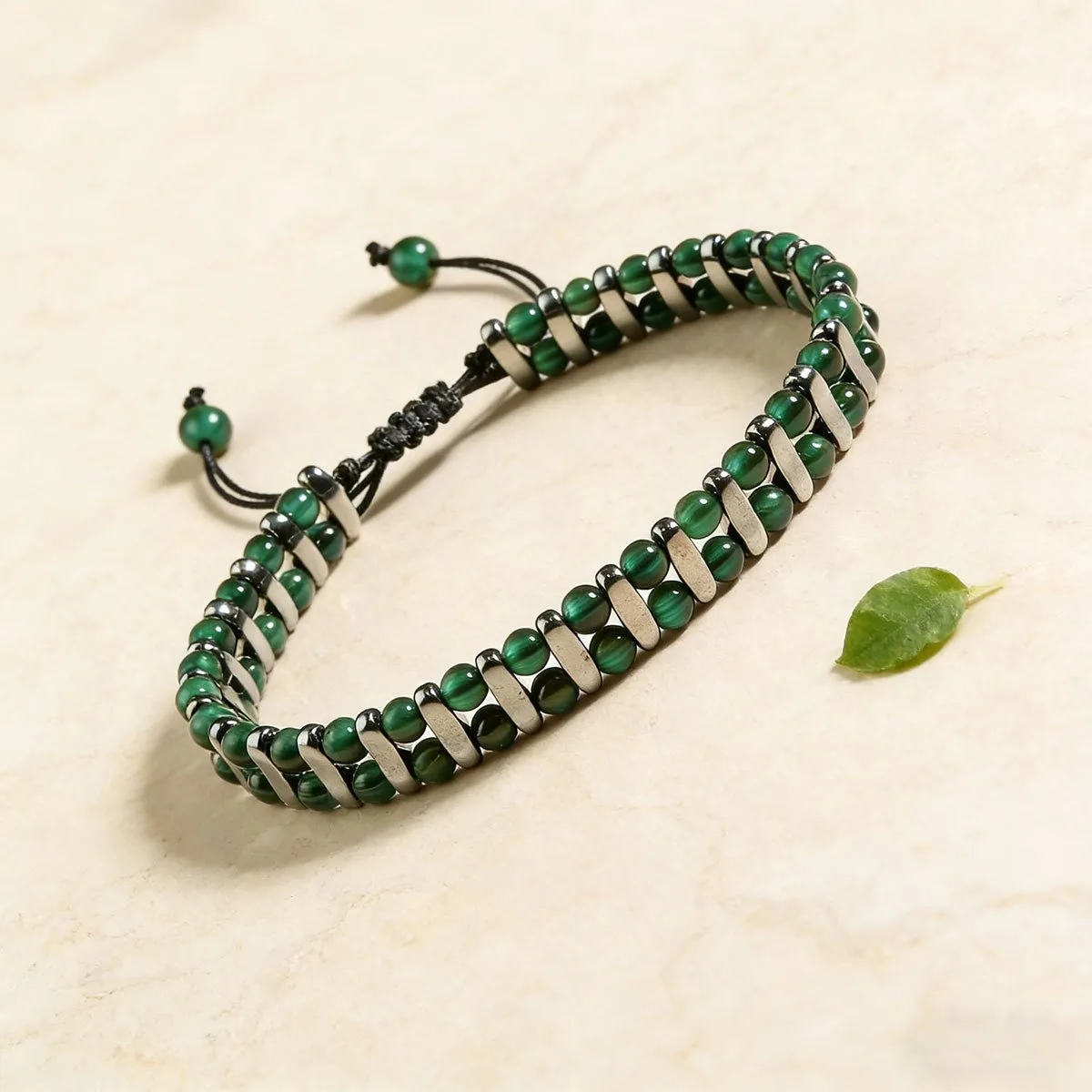Attract Wealth Handmade 2-Layer Green Beaded Bracelet, Boho Stretch Braided Cord, Skin-Friendly Daily Wear