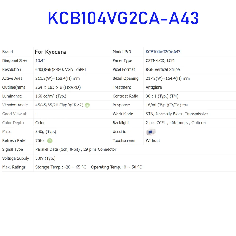 KCB104VG2CA-A43 10.4 Inch Original LCD Display Screen Panel for Kyocera Brand New and Fast Shipping 100% Tested