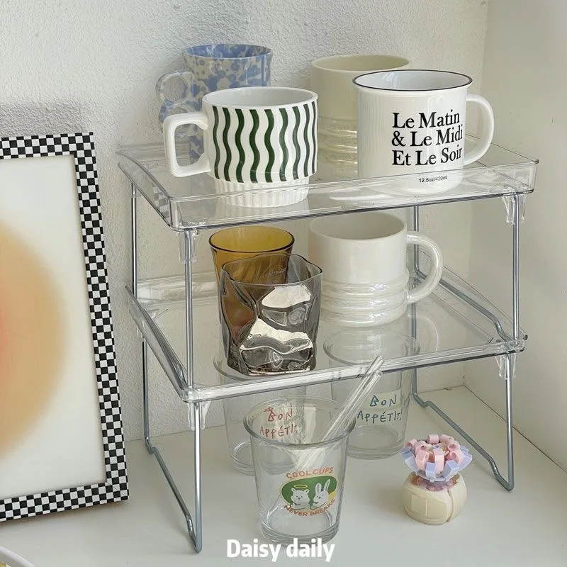 Transparent Double Desktop Shelf Acrylic Cup Holder Foldable Kitchen Bathroom