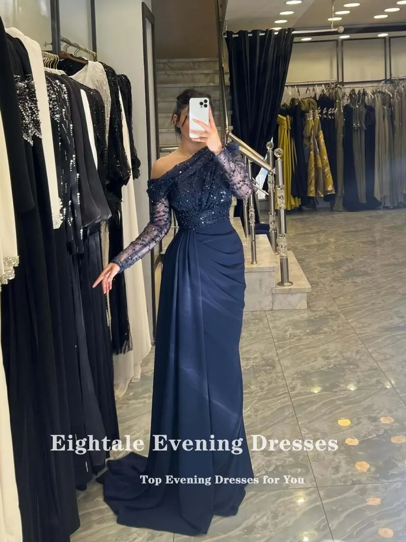 Eightale อาหรับชุดราตรีที่กําหนดเองหนึ่งไหล่เลื่อมลูกไม้ยืด Navy Blue Mermaid Prom Gowns งานแต่งงาน
