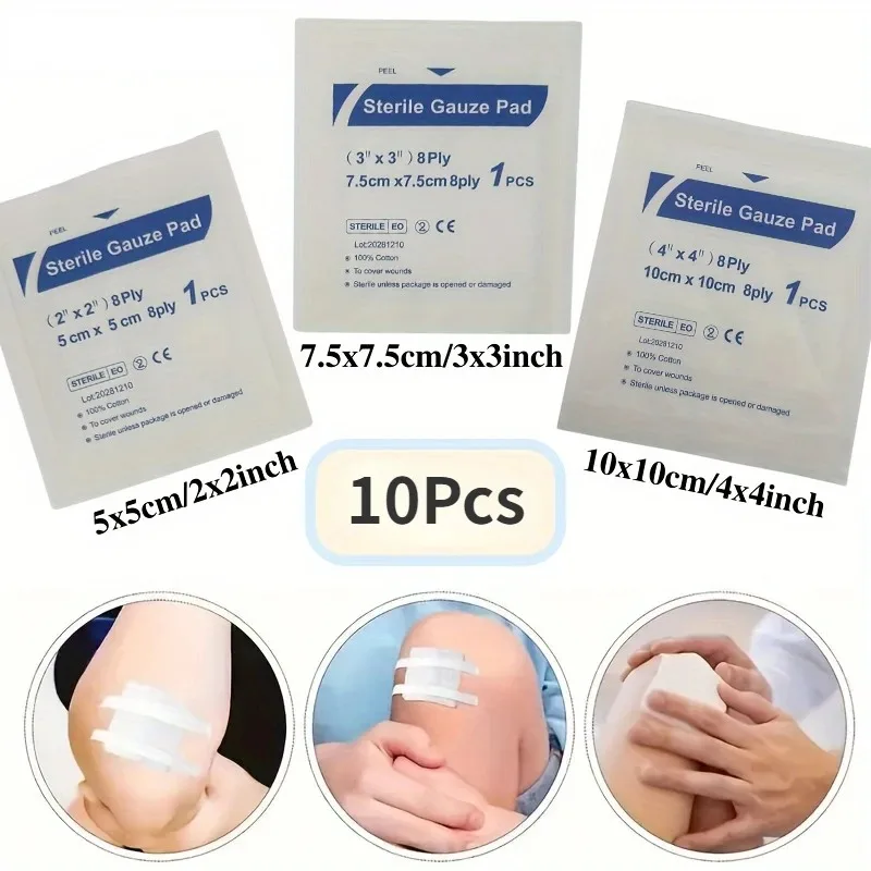 10Pcs Non-Sterile Disposable Cotton Gauze Pads Absorbent Dressing Wipes Bandage Roll for First Aid Kit and Wound Care