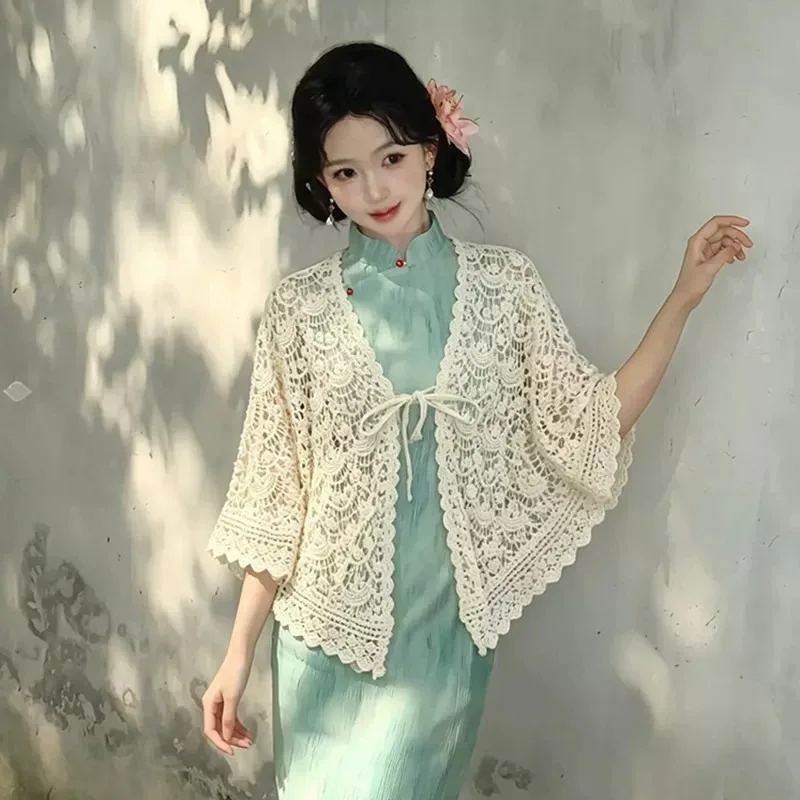 Apricot-colored Hollowed-out Knitted Crochet Shawl Retro New Chinese-style Cheongsam for Women Paired with A Cardigan Waistcoat