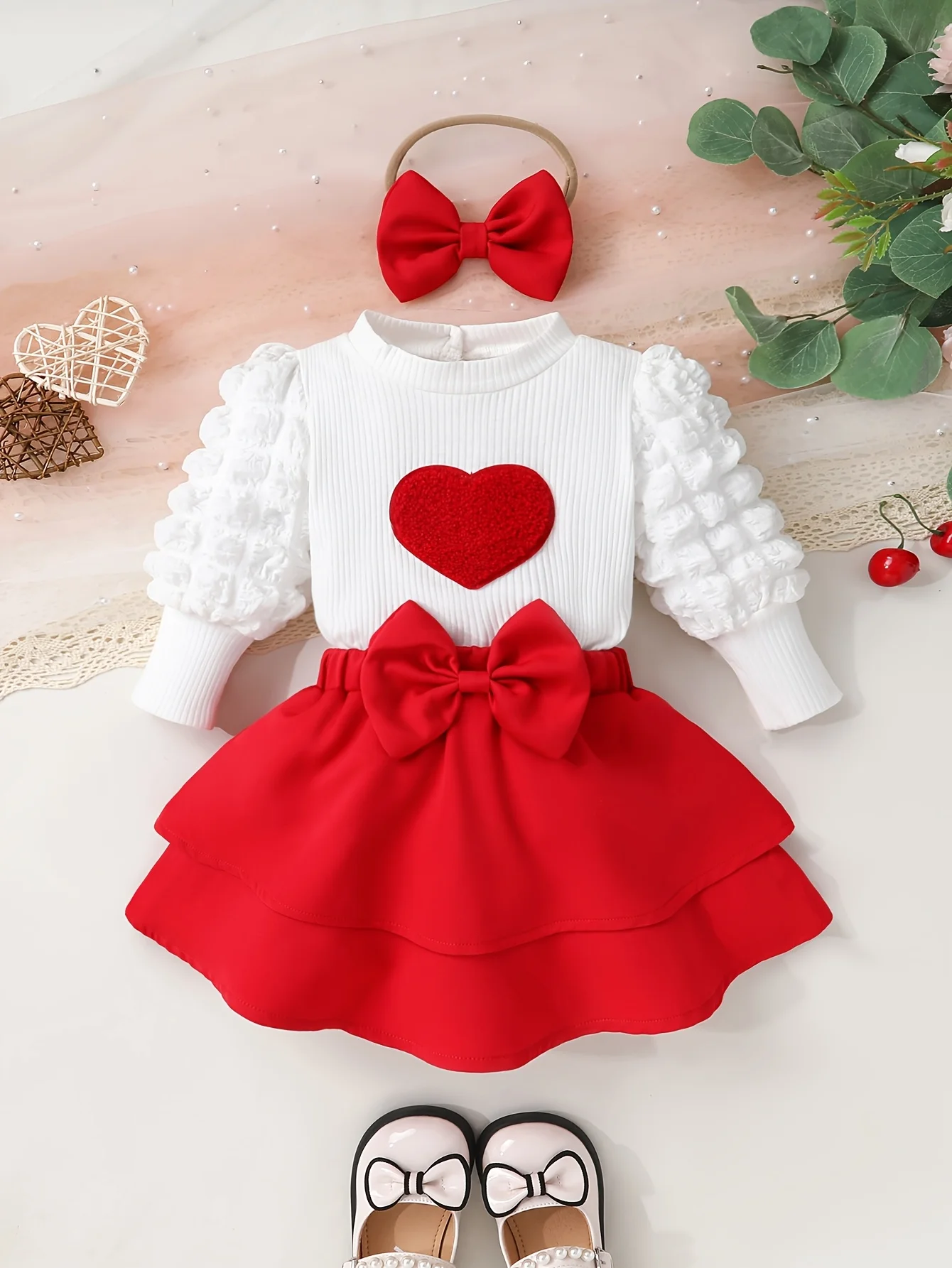 

Baby Girls' Puff Sleeve Embroidered Heart Top Bow Skirt Headband 3-Piece Set