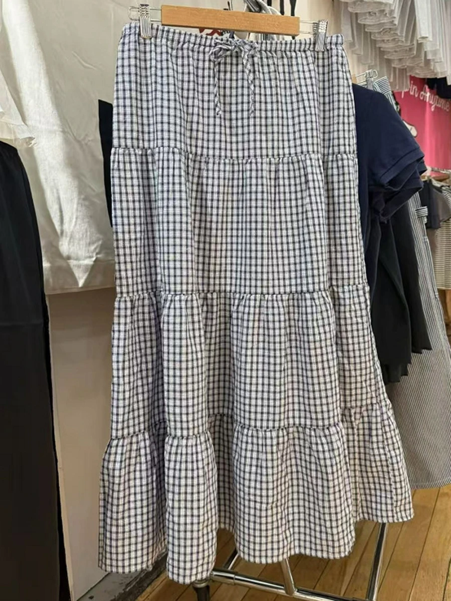 Falda larga a cuadros con cordón para mujer, Faldas largas Vintage simples acampanadas con cintura elástica, moda informal dulce, Jupe inferior