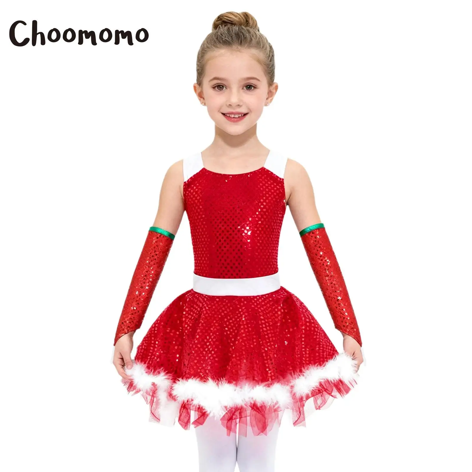 

Girls Sequins Christmas Dance Costume Xmas Snowman Ballet Wear Santa Claus Skating Tutu Cami Dress Faux Fur Leotard +Oversleeves
