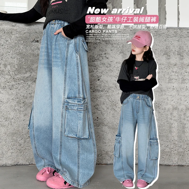 

Spring Autumn Kids Cargo Blue Jeans With Pockets Tween Kid Loose Straight Trousers Stylish Girl Patchwork Denim Pants Ages 4-14Y