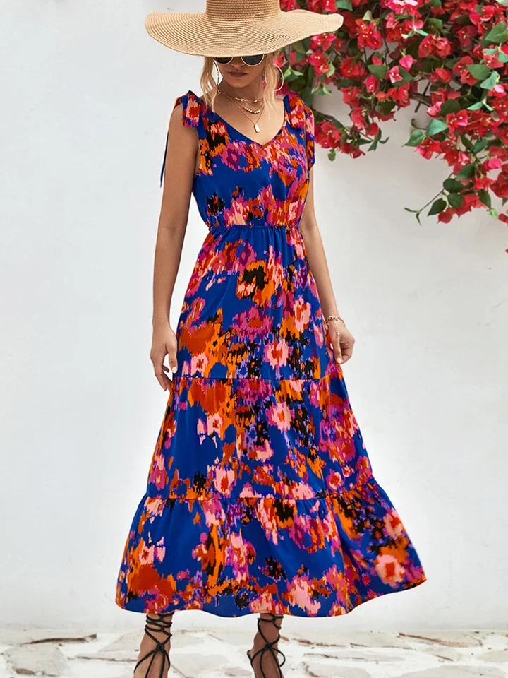 Sexy V Neck Spaghetti Strap Dress Office Lady Spring Summer Fashion Elegant Floral Print Sleeveless Dresses For Women 2023 Black