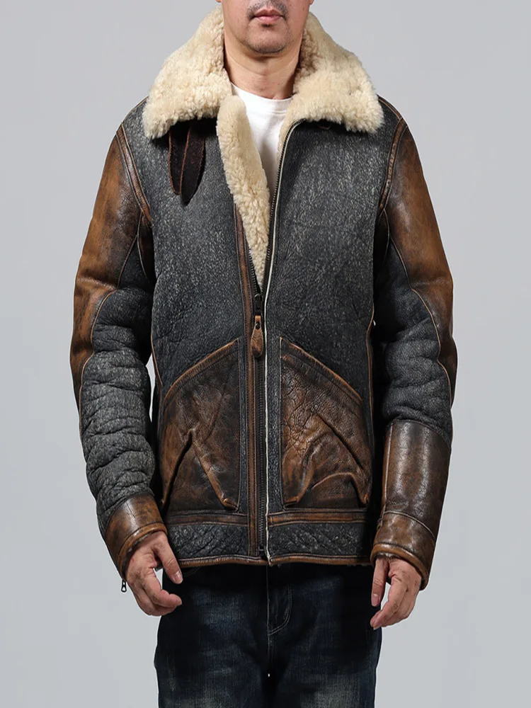 D32000 European Size High Quality Super Warm Genuine Sheep Leather Coat Mens Big B3 Shearling Bomber Military Fur Jacket