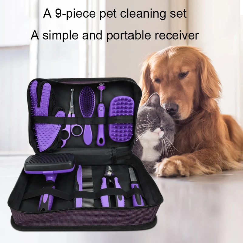 

Pet comb 9-piece set dog grooming scissors hair removal needles nail clippers household pet cleaning cat comb cat petting gloves