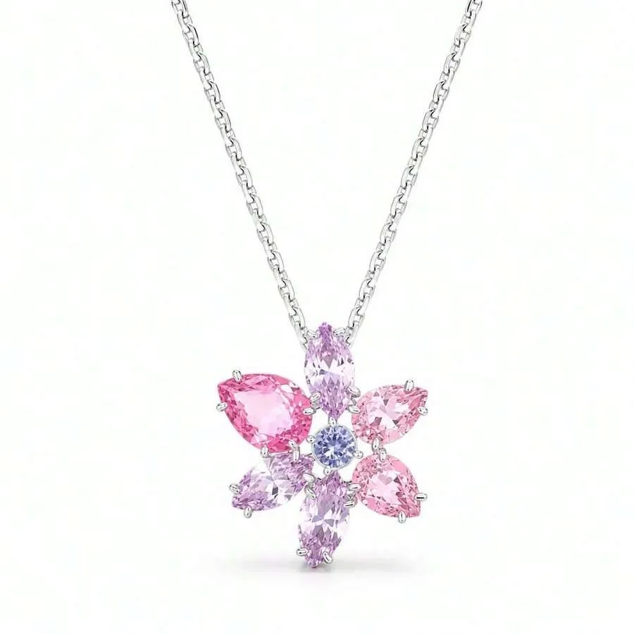 

-Inspired Pink Flower Crystal Necklace, Silver Plated Floral Cubic Zirconia Pendant Necklace