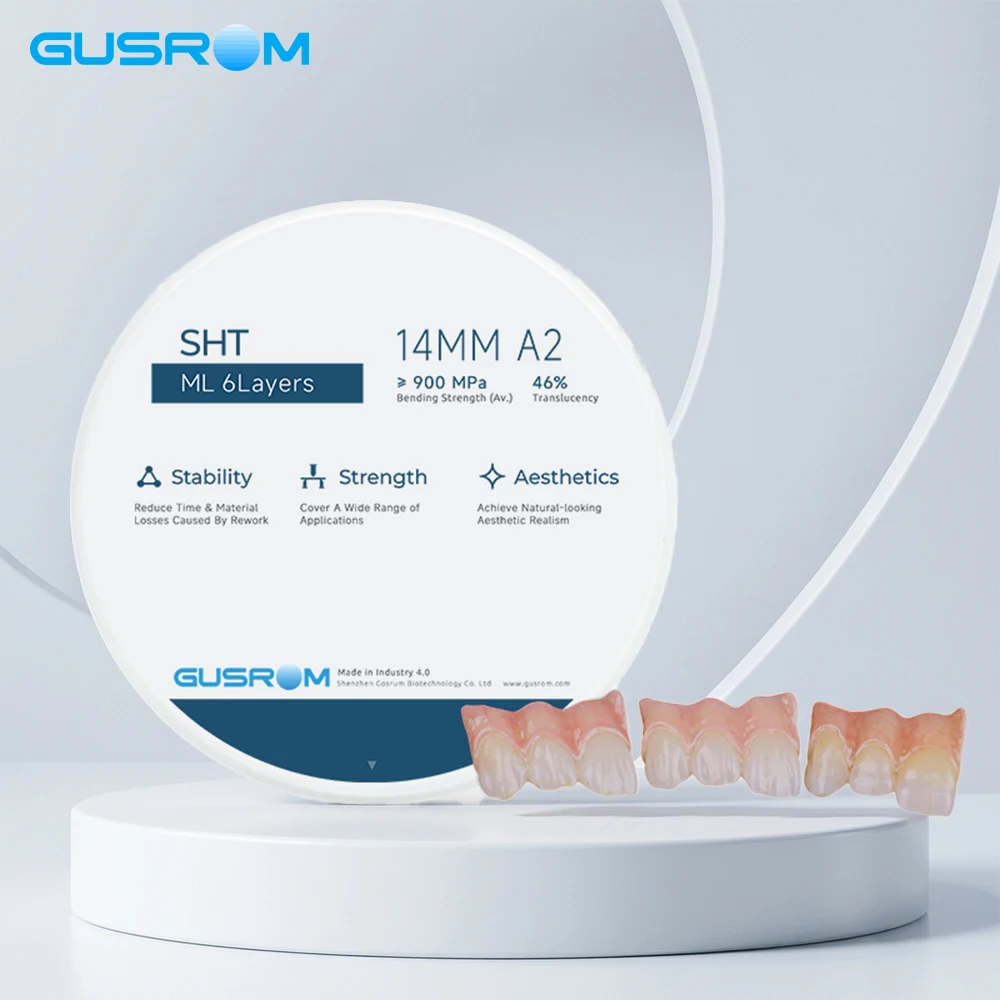 GUSROM SHT ML Multilayer Zirconia Block 98mm 6 Layers Super High Translucency A2 Dental Disc for CAD CAM Anterior Crown Veneer