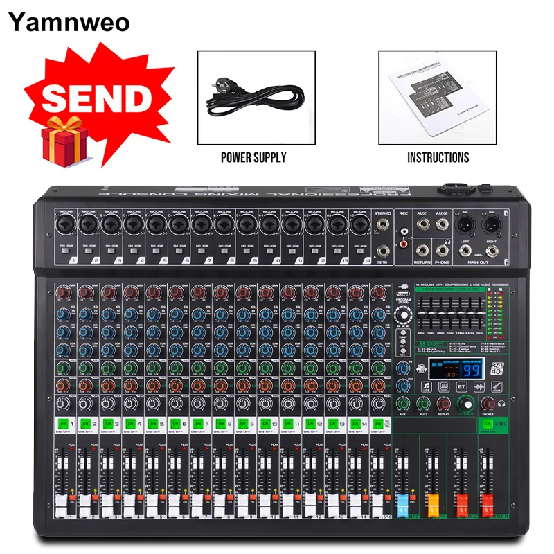 XF16 Multi-function Audio Mixer with USB Connection, OTG Recording, 99 DSP Reverb Effects, 48V Power Supply, Compatible with Microphones, Speakers, Electric Guitars, and Other Devices
