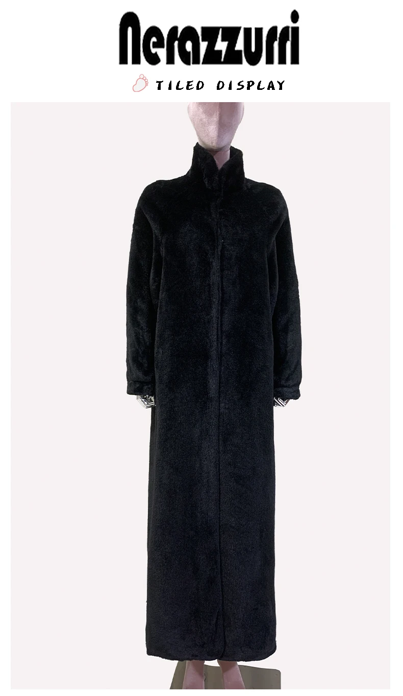 Nerazzurri Winter Extra Long Black Fluffy Thick Warm Soft Faux Rex Rabbit Fur Coat Women Stand Collar Sashes Maxi Furry Overcoat