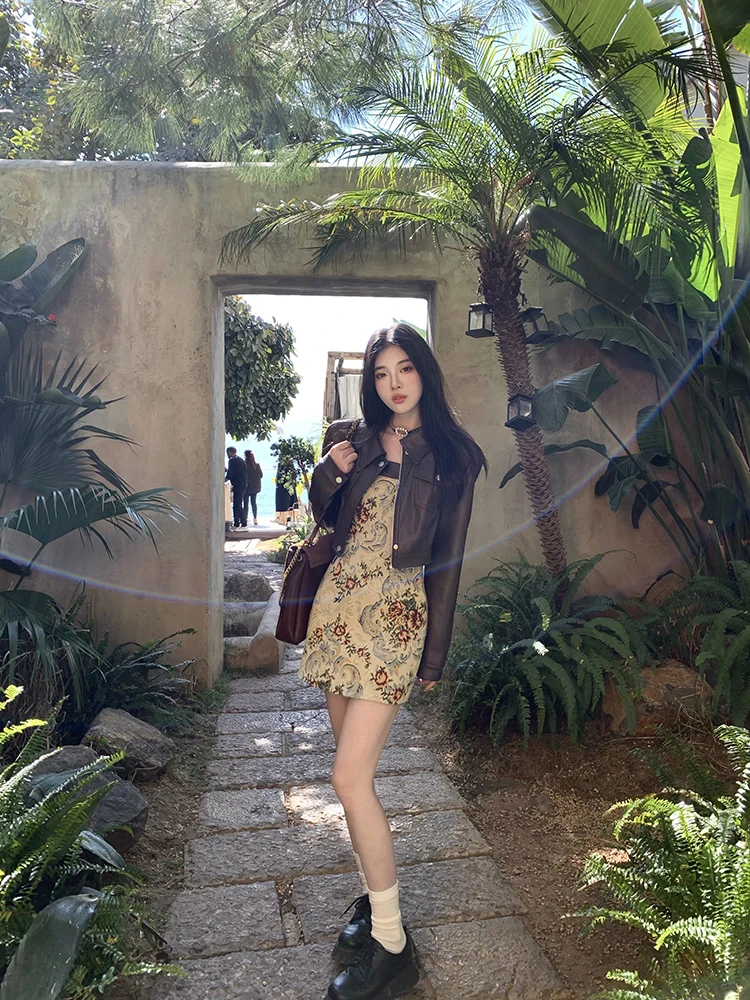 Cool Girl Attitude ort Pelle marrone Jaet Donna Autunno Taglia piccola trapuntata in pelle PU Top da pendolarismo Sle Lunga cerniera sve