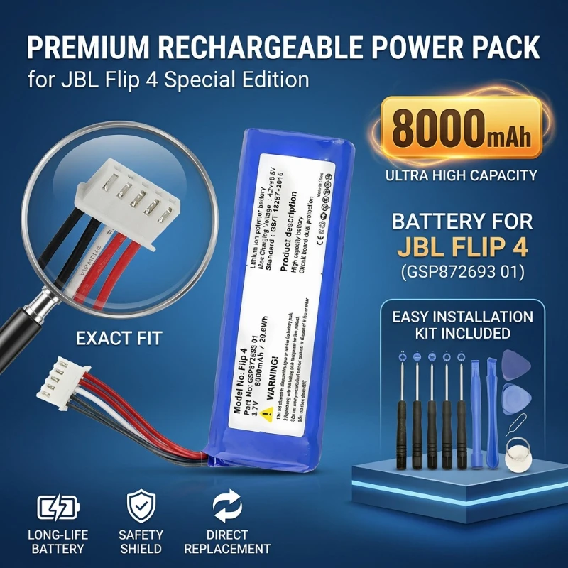 8000mAh 3.7V Rechargeable Power Pack Exact Fit for JBL Flip4 Special Edition GSP872693 01 Portable Speaker Internal Battery