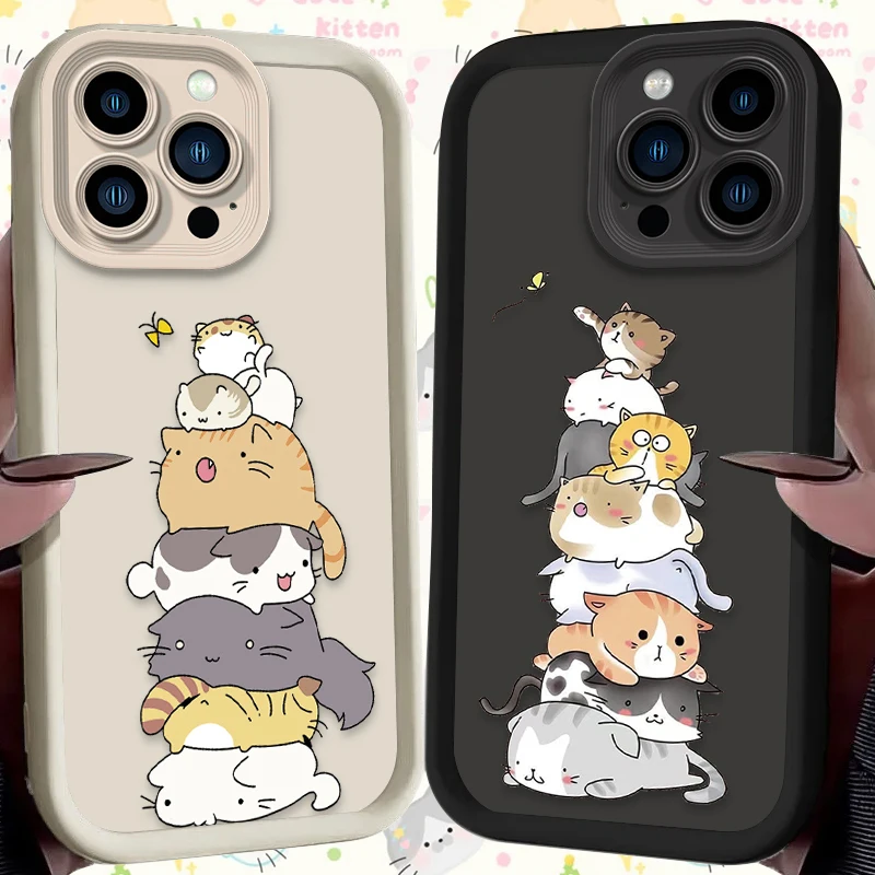 Cartoon Happy Cat Case For iPhone 16 15 14 13 12 11 Pro Max X XS X S Max XR SE 2020 7 8 Plus Shockproof Soft Silicone Back Cover