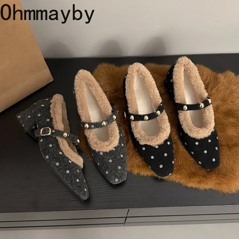Vintage Womens Polka Dot Mary Jane Shoes Furry Square Toe Block Heel Autumn Winter Warm Plush Lined Dres Pumps