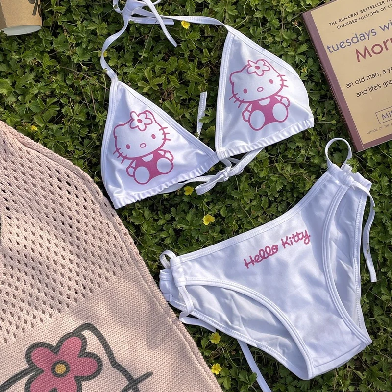 Sanrio Kawaii Hello Kitty Halterneck Bikini Anime kreskówka seksowna gorąca moda wykwintny strój kąpielowy zestaw biustonosz z wkładki na persi