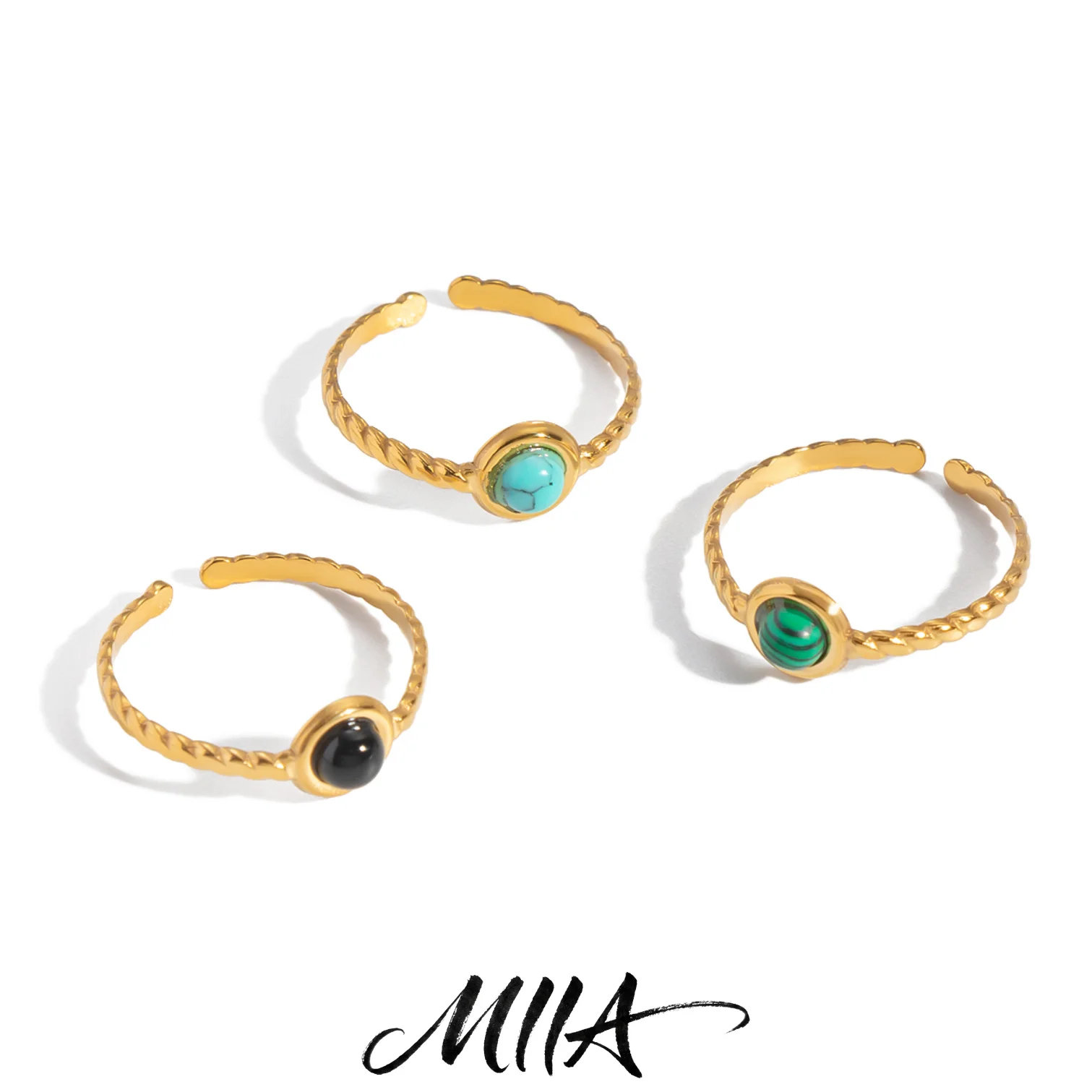 Miia 316L Twisted Rope Ring Set with Natural Green Gemstone Stainless Steel Open Ring for Men's Women's Unisex