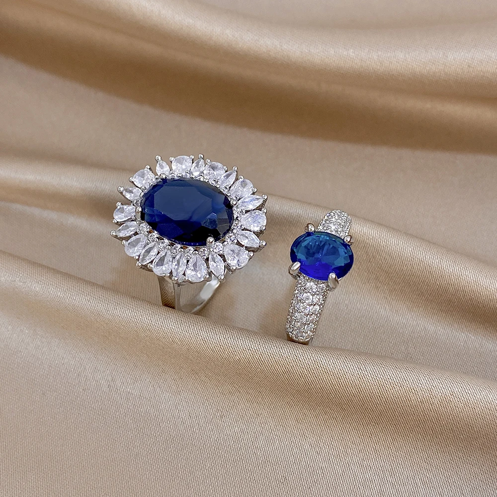 Luxury Gift Set - Sparkling Silver Color Shiny Oval Blue