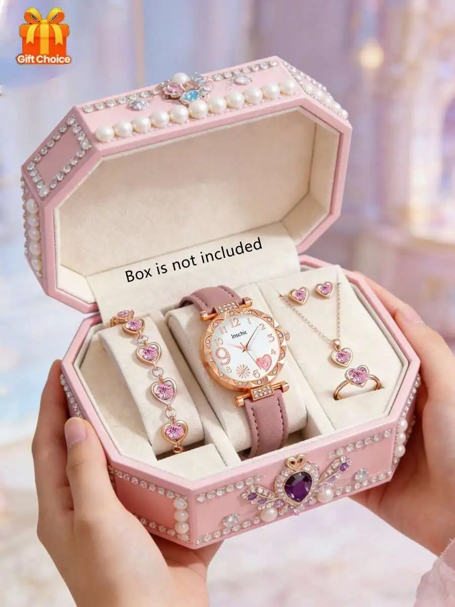 

6/5pcs Girls Elegant Fashion Firework Heart-Shaped Dial Quartz Watch, Suitable For Girls To Wear, Matching Graceful Jewelry Set