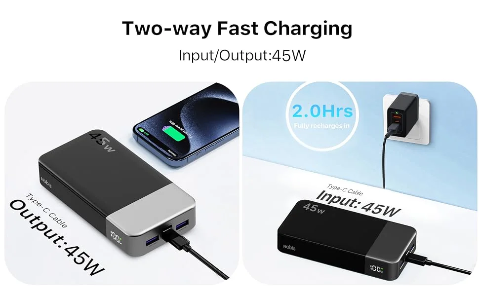 NOBIS 45W 20000mAh Powerbank Tragbares Ladegerät Schnellladender Akku 2*USB-C & 2*USB-A Digitalanzeige Kompatibel mit iPhone 18/17/16/15/14/13 Samsung S26/S25/S24/S23 – Detail 3