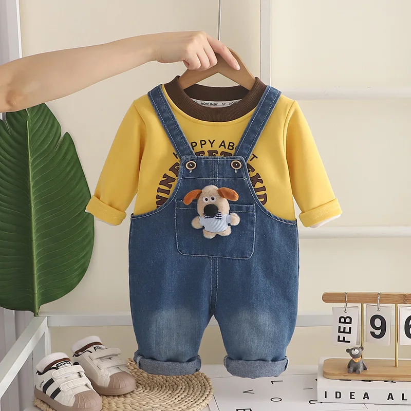 Baby Boys 2 Piece Outfit Cartoon Printed Long Sleeve T‑Shirts and Denim Overalls Set Toddler Spring Autumn Casual Kids Clothing
