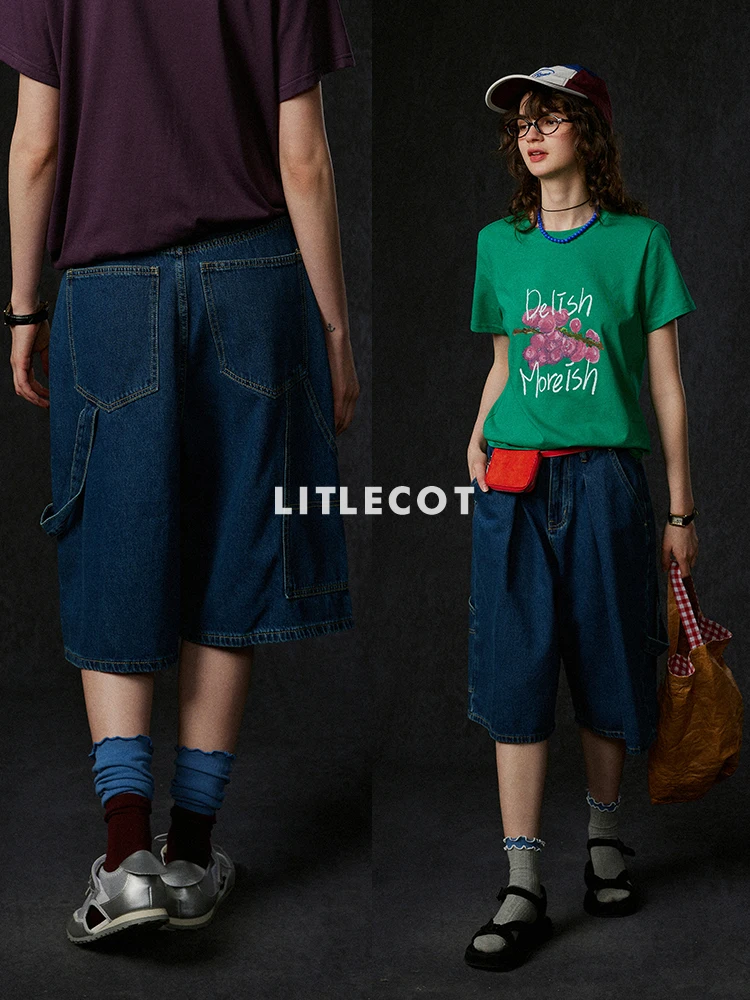 

Deep Blue High Waist Wide Leg Denim orts Women's Faion Summer New Straight Cut Pants Korean Sle Five-Quarter Length