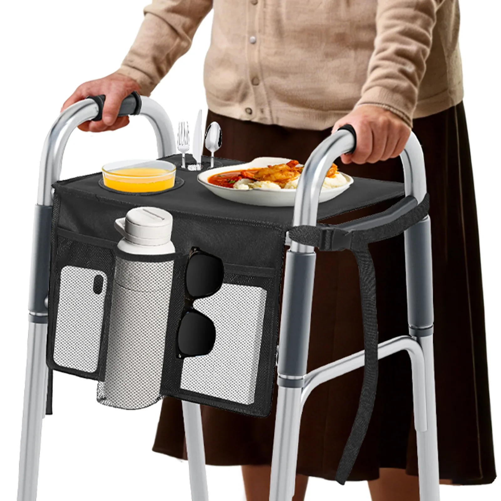 Folding Walker Tray with Cup Holder Multi Pocket Rollator Storage Bag Dinner plate for Elderly Present