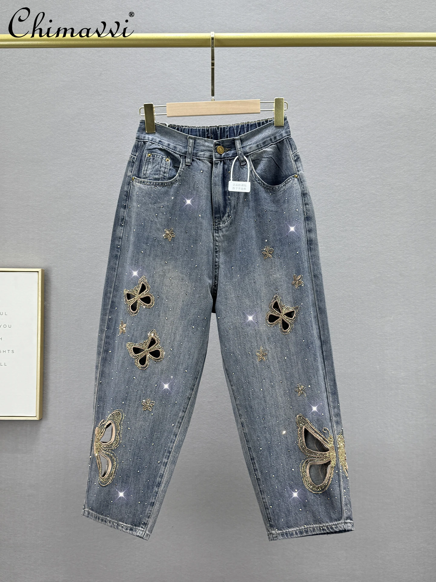 

Fashion Harlan Denim Eight-point Pants High Waist Loose Slim-fit Retro Hollow Hot Diamond Jeans Women's New 2025 Summer