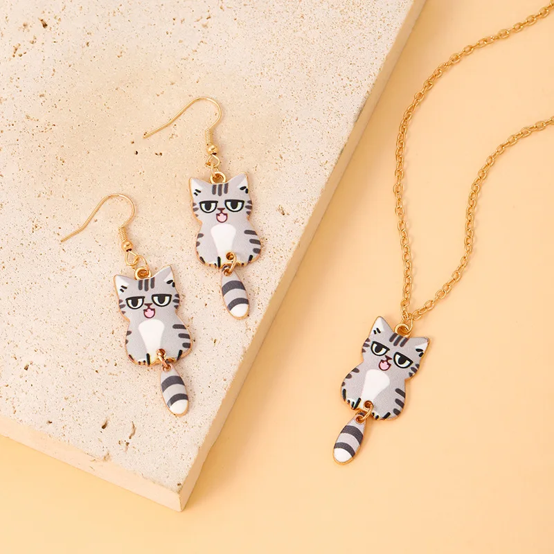 Elviragirl 1Set Cartoon Cat Charm Necklace for Women Personality Fashion Necklace Children Jewelry Birthday Gifts image 3