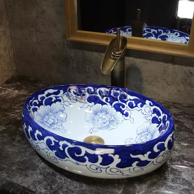 

47/45cm Blue and White Porcelain Ceramic Washbasin Hand-painted Chinese Style Bathroom Sink Balcony Retro Countertop Art Basin