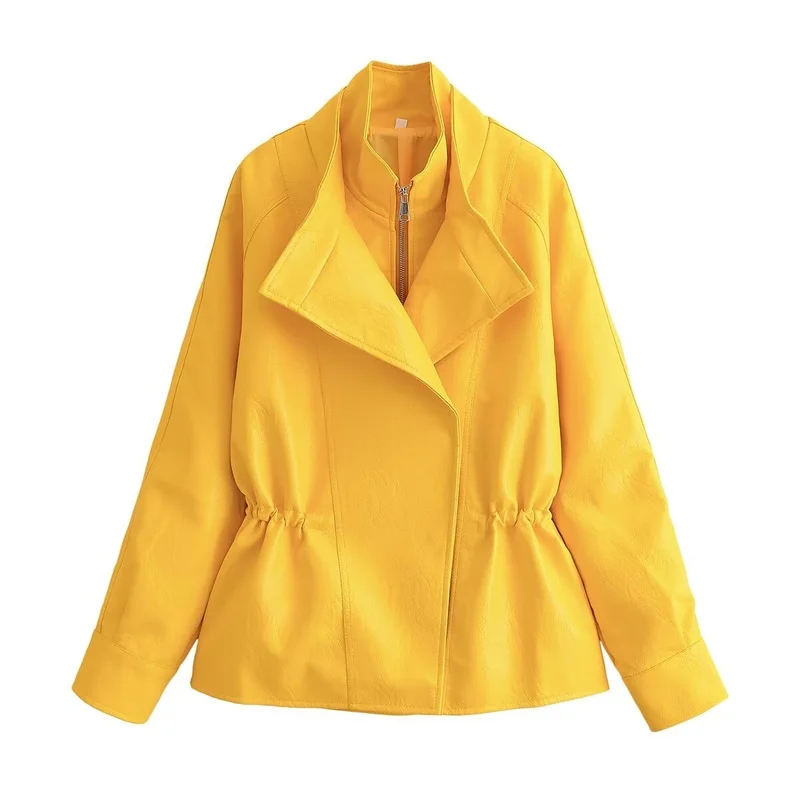 Women Yellow Faux Leather Jacket Stand Collar Zip Up Short Coat Slim Fit Motorcycle Outerwear Fashion Tops