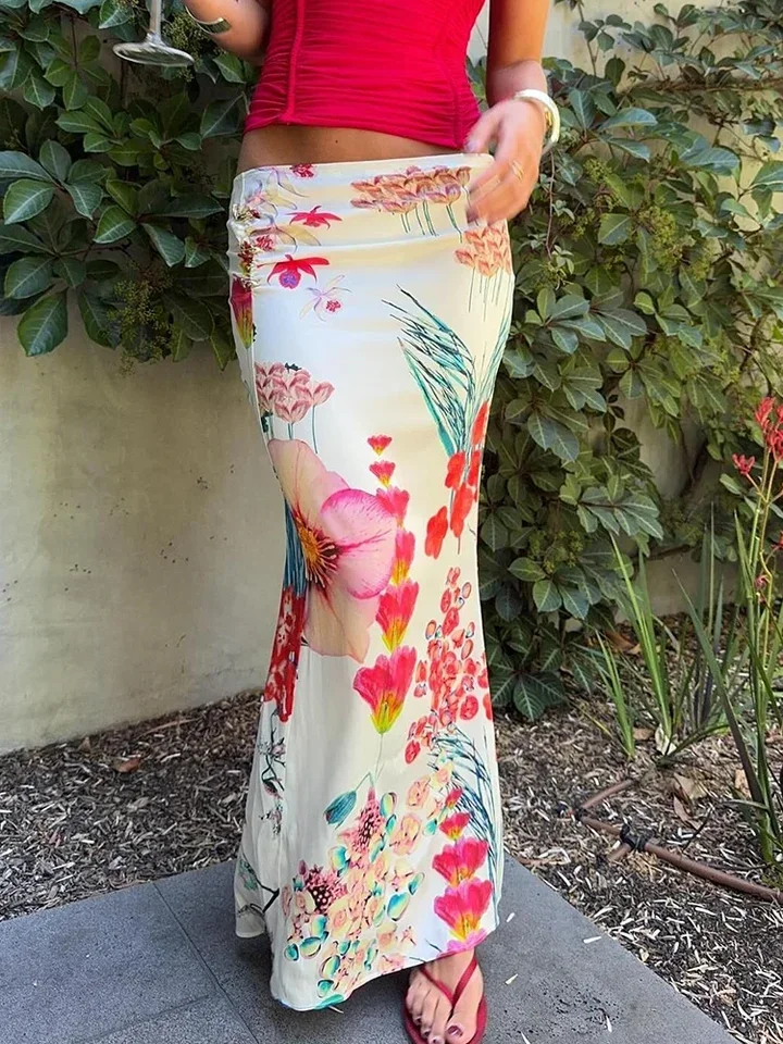 Colorful Print Skirts Women 2025 New Trend Ruched Peach Casual Simple Bottoms Summer Fashion Stretch Streetwear