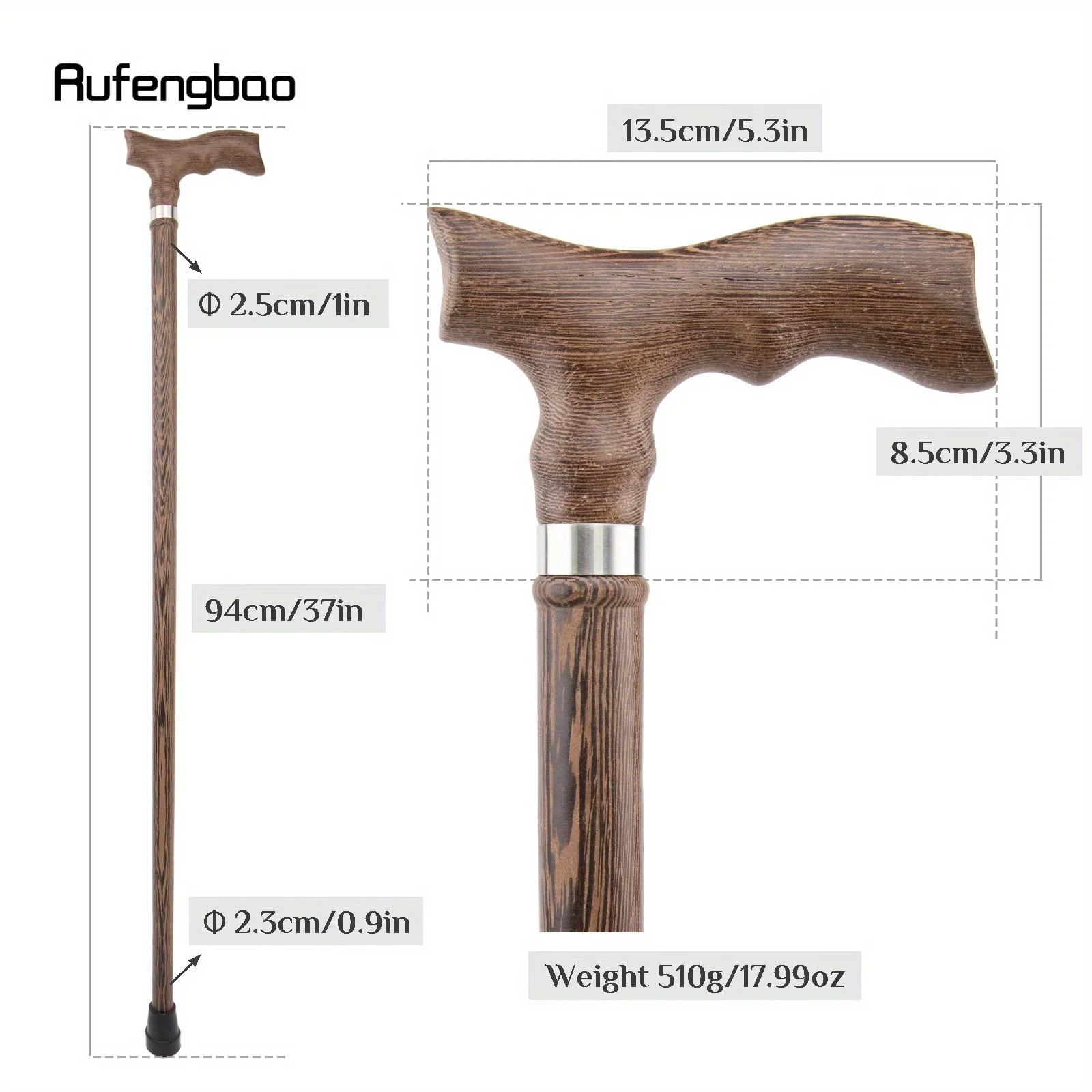 Bengala decorativa de madeira marrom com articulação única, bengala decorativa para halloween, muleta de maça, 94cm, bastão de palco para performance