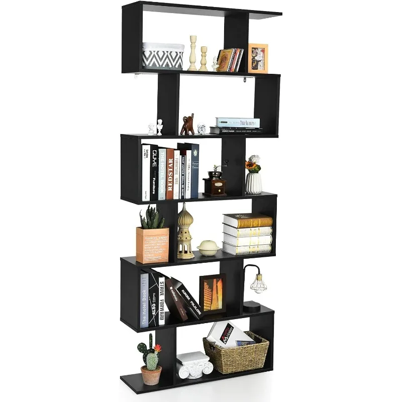 6 Tier S Shaped Bookshelf, 31.5''L x 9''W x 75''H, Wooden Bookcase and Bookshelves w/Anti-Toppling Device