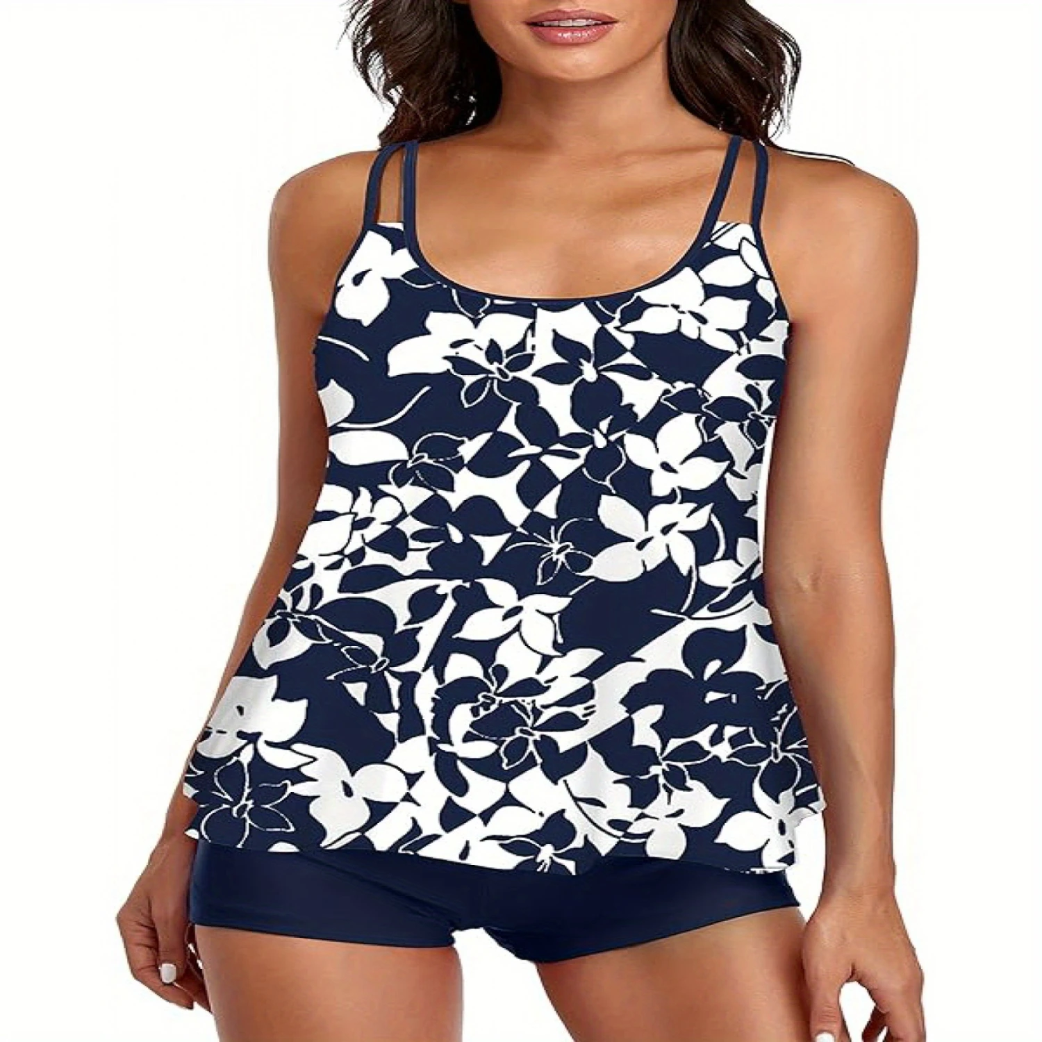 Two Piece Womens Loose Fitting Tankini Swimsuit - High Stretch, Tummy Control, Crew Neck, Random Print, Sleeveless, Nylon and Sp