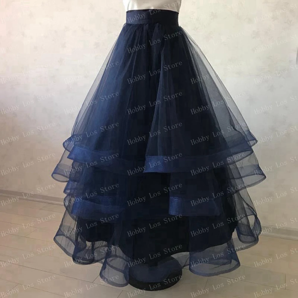 Falda larga de Organza con volantes para Mujer, falda de novia fruncida con cremallera, Color azul marino, hecha a medida, 2023