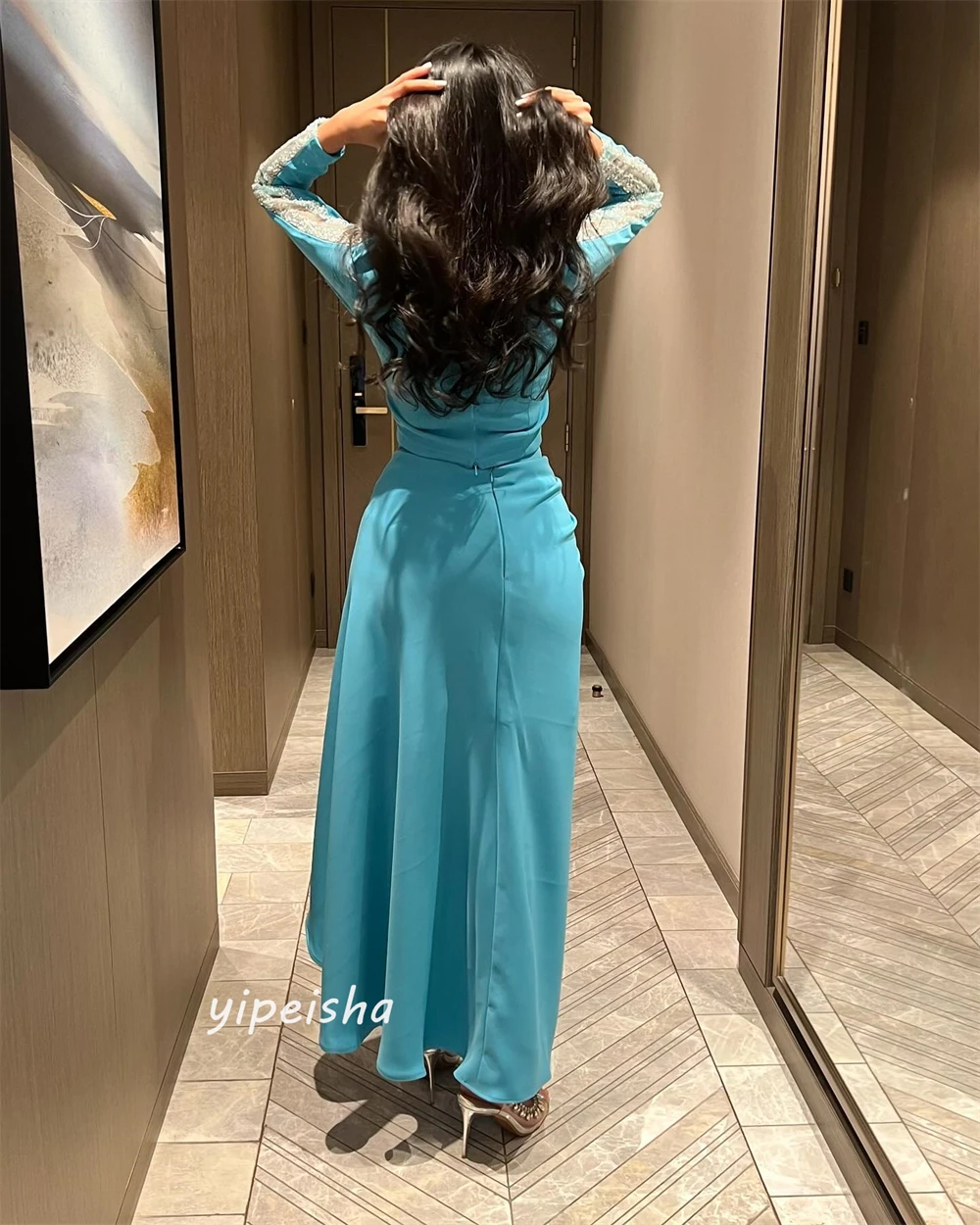 Satin Beading Pleat Valentine's Day A-line O-Neck Bespoke Occasion Dresses Ankle-Length