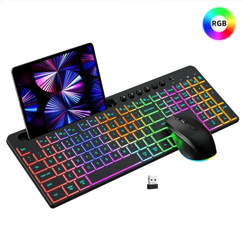 Bluetooth Keyboard Mouse Combo RGB Backlit Rechargeable Full-Size Ergonomic Type-C 2.4G Wireless Keyboard Mice Set for PC Laptop