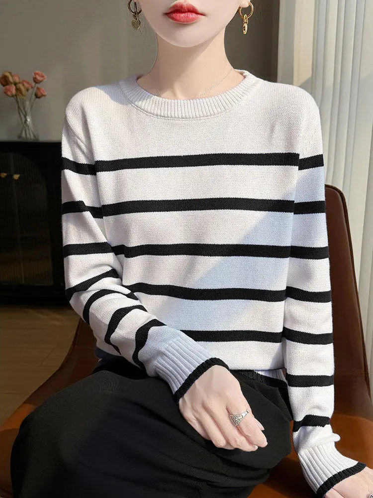 

Утепленный свитер с круглым вырезом из 100% хлопка, вязаная базовая кофта для женщин, свободный крой, весна-осень-зима, полосатый, для ношения под верхней одеждой