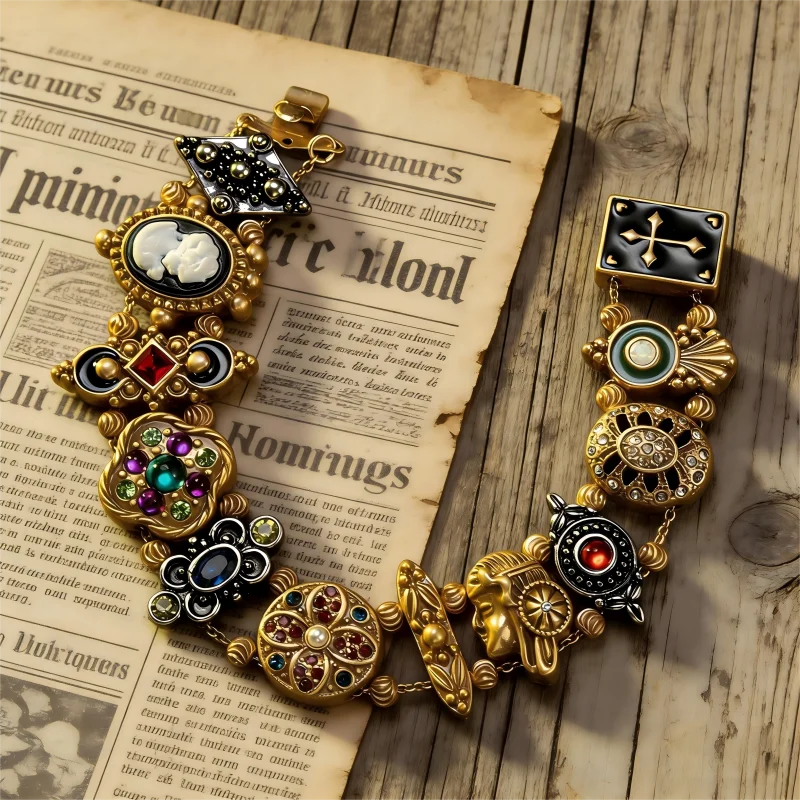 Women's Vintage Multi-Element Bracelet, Geometric Flower Playing Card Portrait Cuff Jewelry for Daily Wear, Party & Gifting