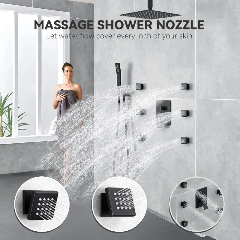 Rain Shower System with Complete 6 Pcs Body Sprays Jets and Pressured Balance Rough-in Valve  Rainfall Shower Head and Handheld