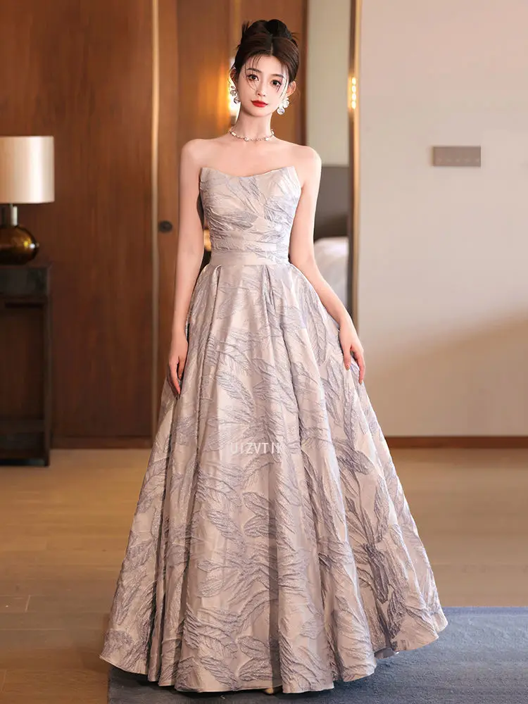 Sem alças a linha vestidos de noite feminino fora do ombro impresso tecido vestido de baile vestidos de festa de aniversário elegante vestido de ocasião formal