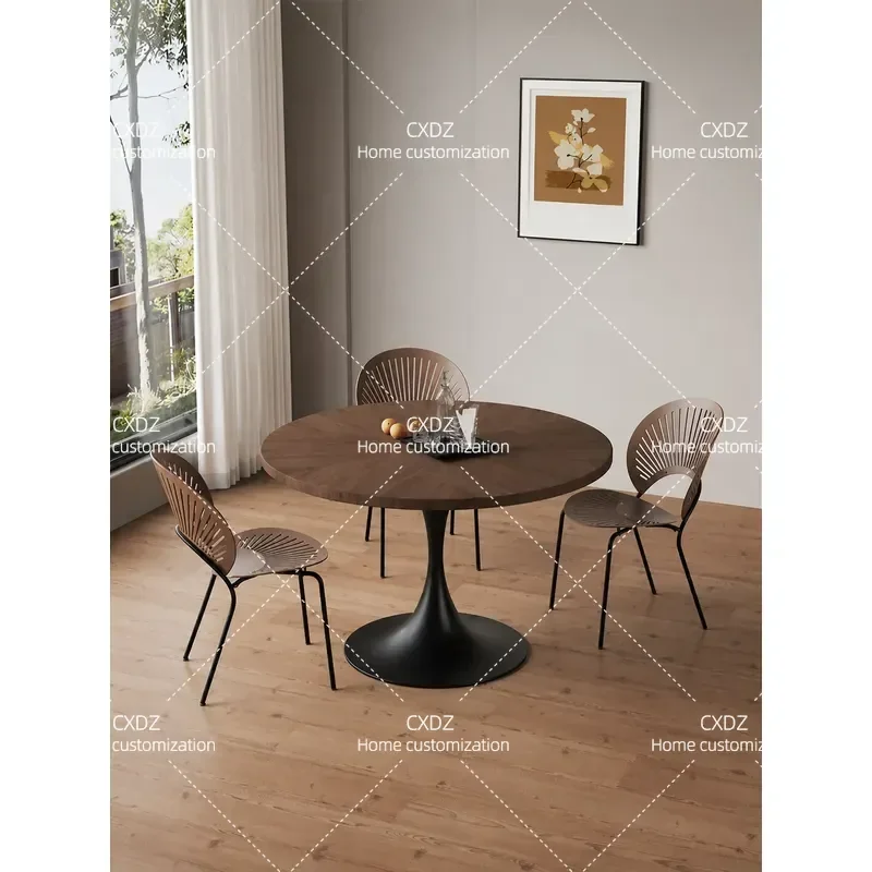 Retro Round Dining Table Solid Black Walnut Parquet Top Simple Style for Living Room Household Furniture Antique Look