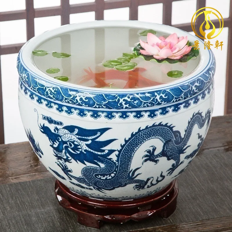 Jingdezhen Ceramic Bowl Lotus Pot Blue and White Porcelain Fish Pot Planter Box Ceramic Planters Flower Boxes Pots for Indoor